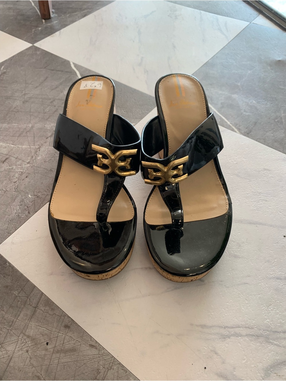 Sam Edelman Black Patent Thong Wedge Sandals with Gold Logo